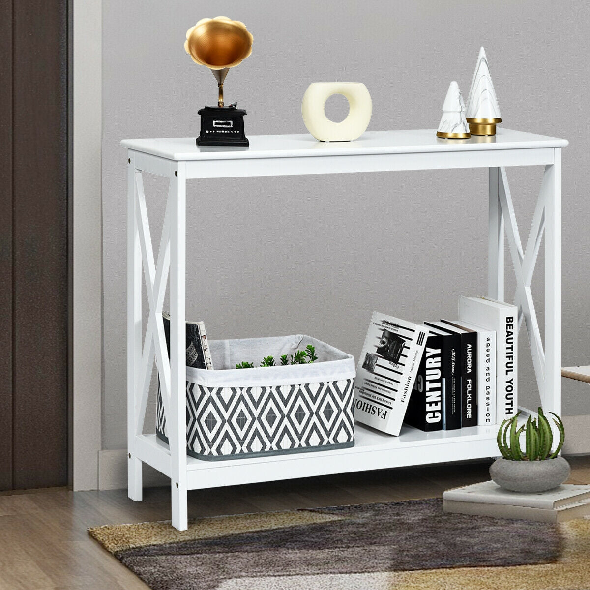 2-Tier Console X-Design Sofa Side Table, White Console Tables at Gallery Canada