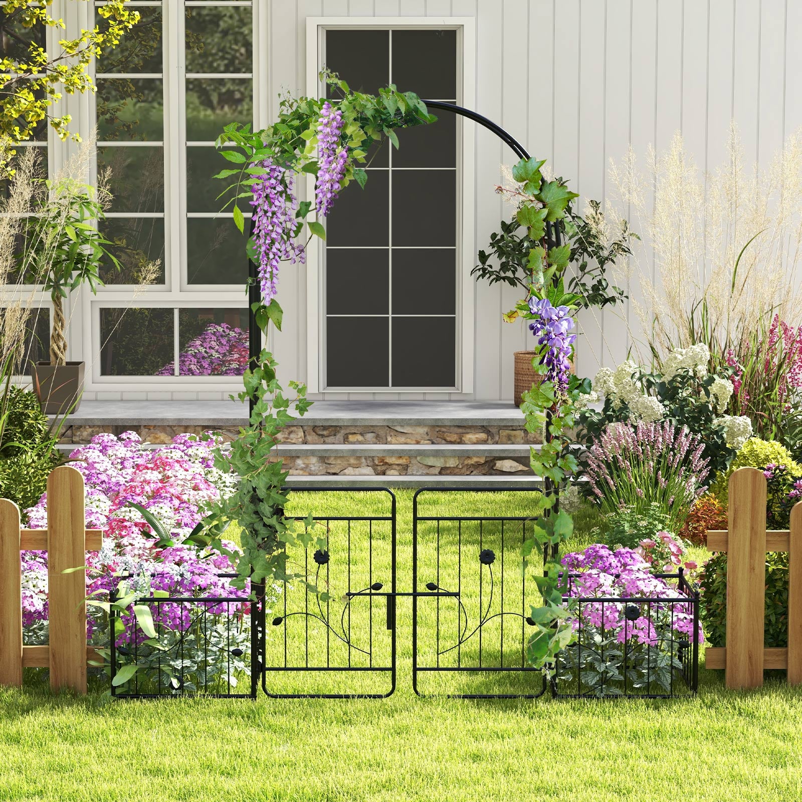 87 Inches Garden Arbor, Lockable Gate, Side Planters, Black Outdoor Decor at Gallery Canada