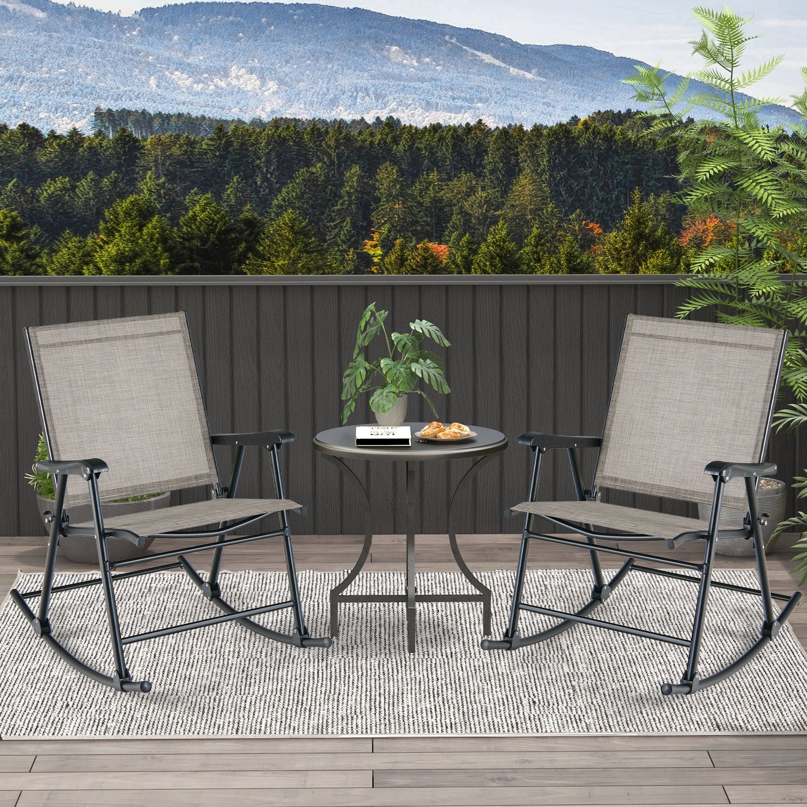 Set of 2 Folding Rocking Chairs, Breathable Fabric, Brown Patio Rocking Chairs & Gliders at Gallery Canada