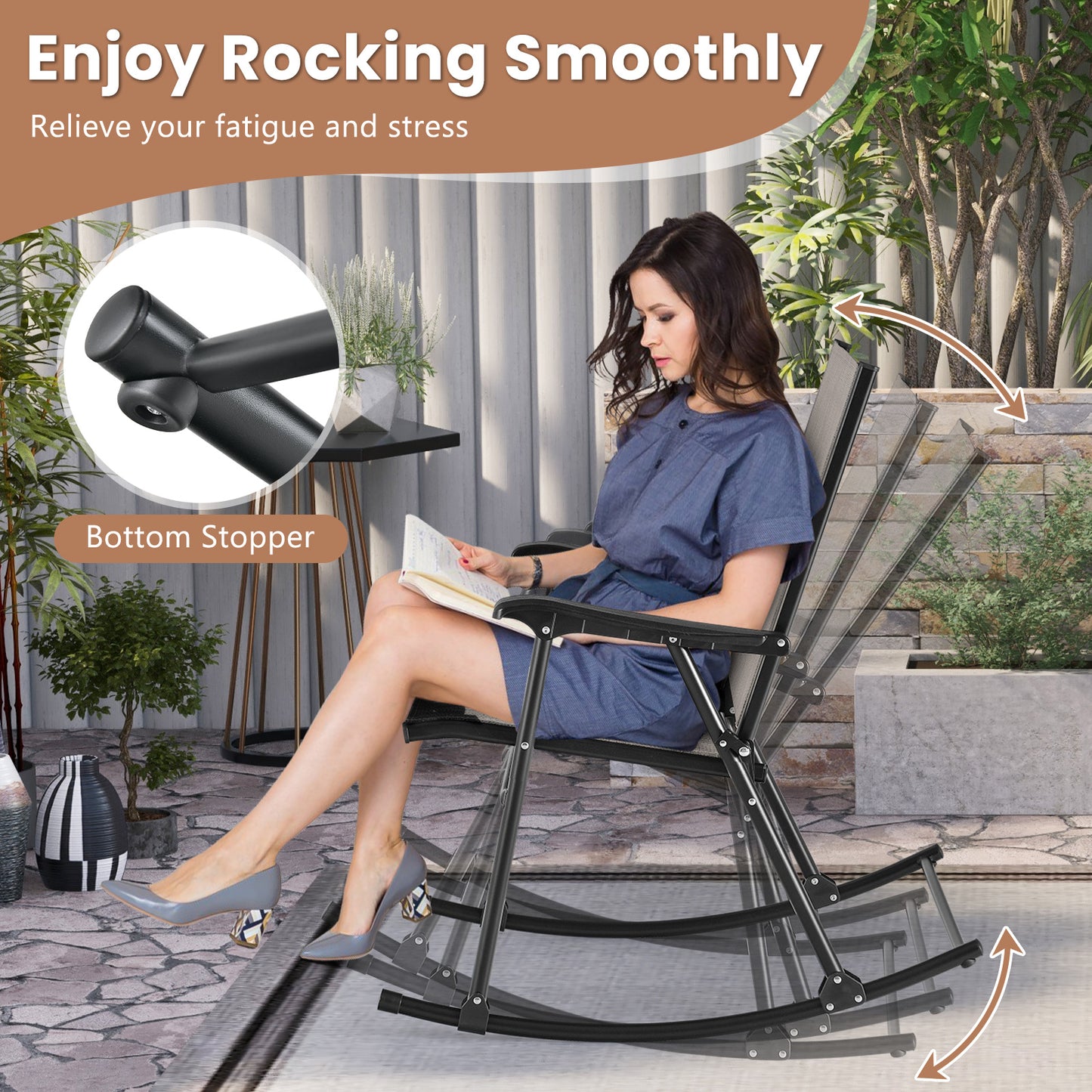 Set of 2 Folding Rocking Chairs, Breathable Fabric, Brown Patio Rocking Chairs & Gliders at Gallery Canada