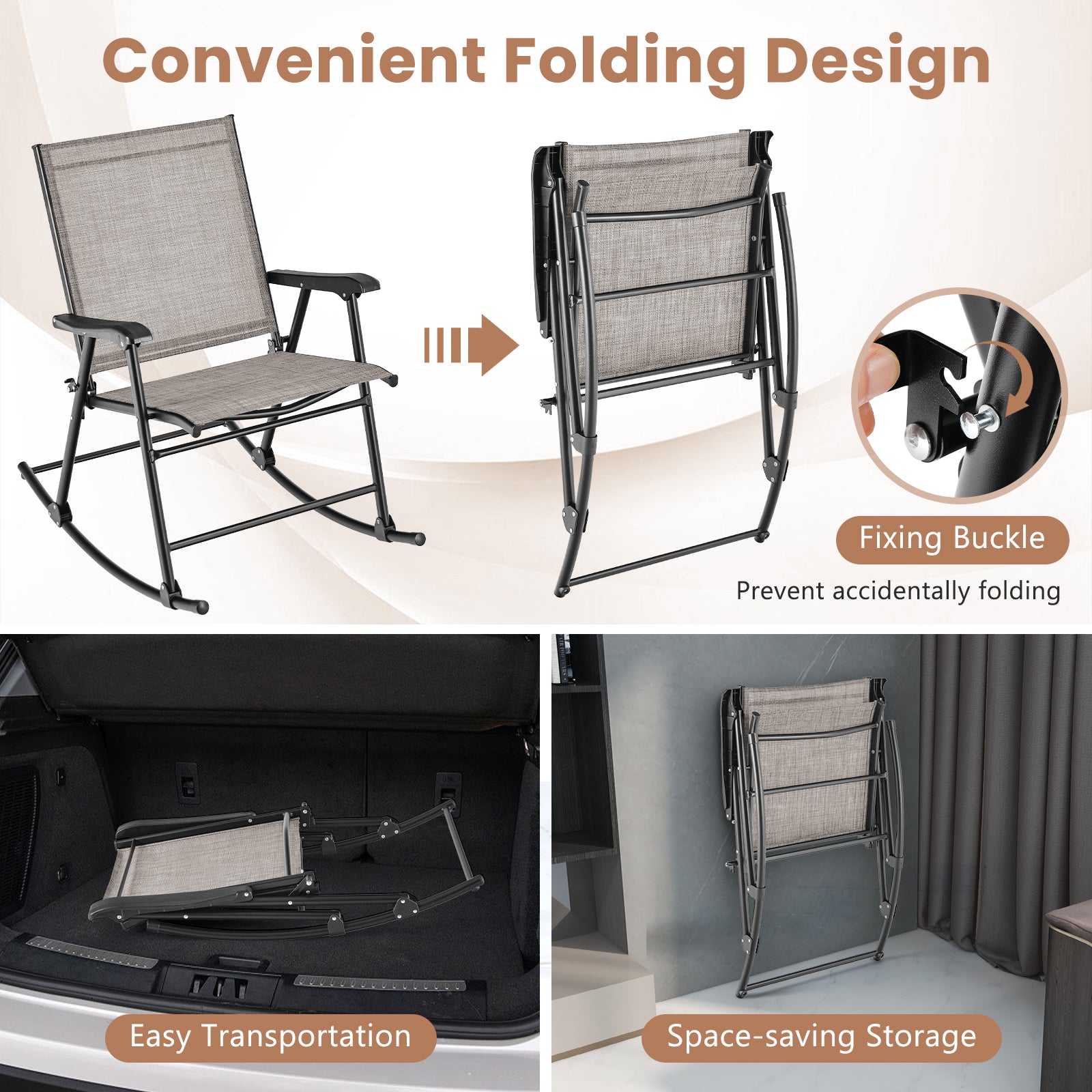 Set of 2 Folding Rocking Chairs, Breathable Fabric, Brown Patio Rocking Chairs & Gliders at Gallery Canada