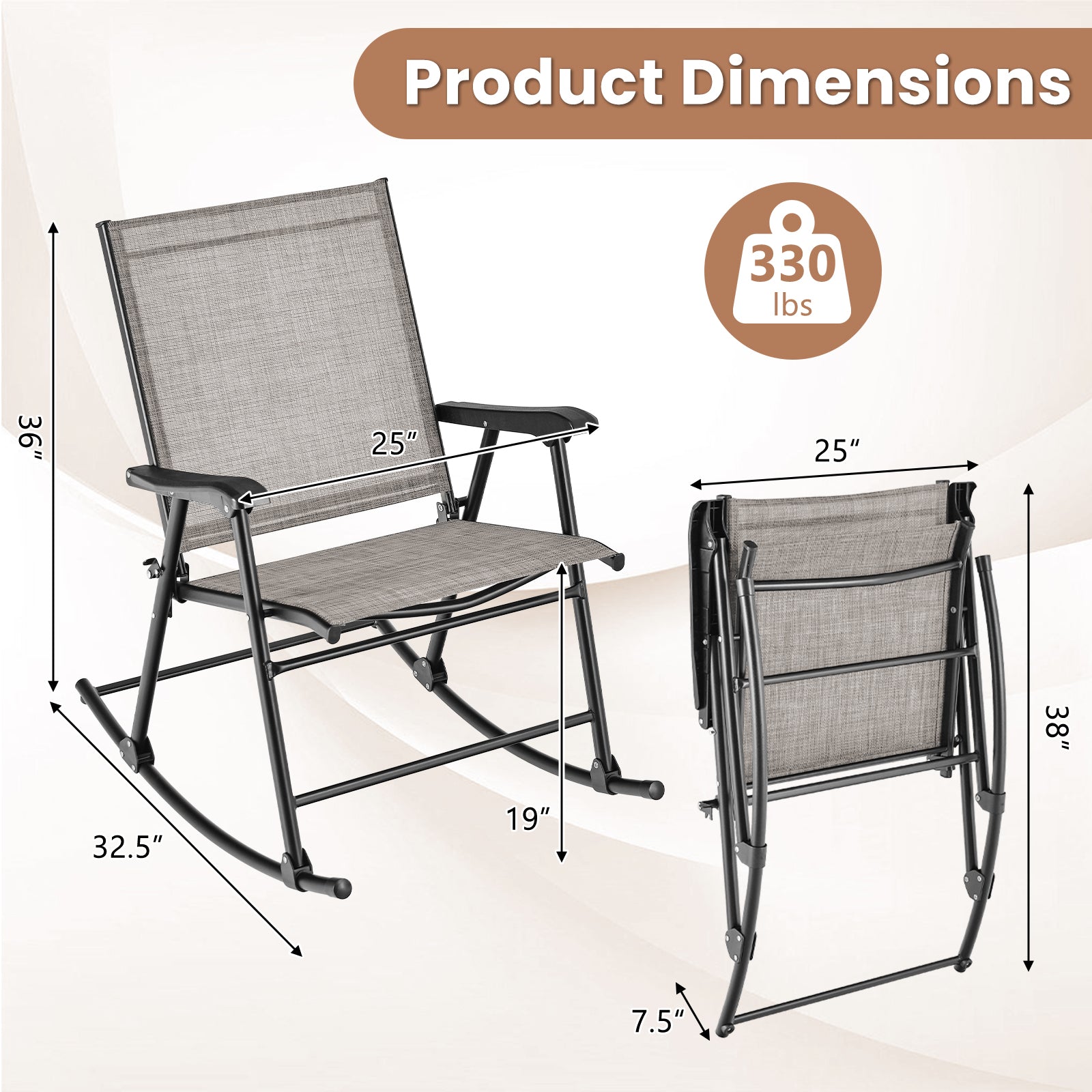 Set of 2 Folding Rocking Chairs, Breathable Fabric, Brown Patio Rocking Chairs & Gliders at Gallery Canada