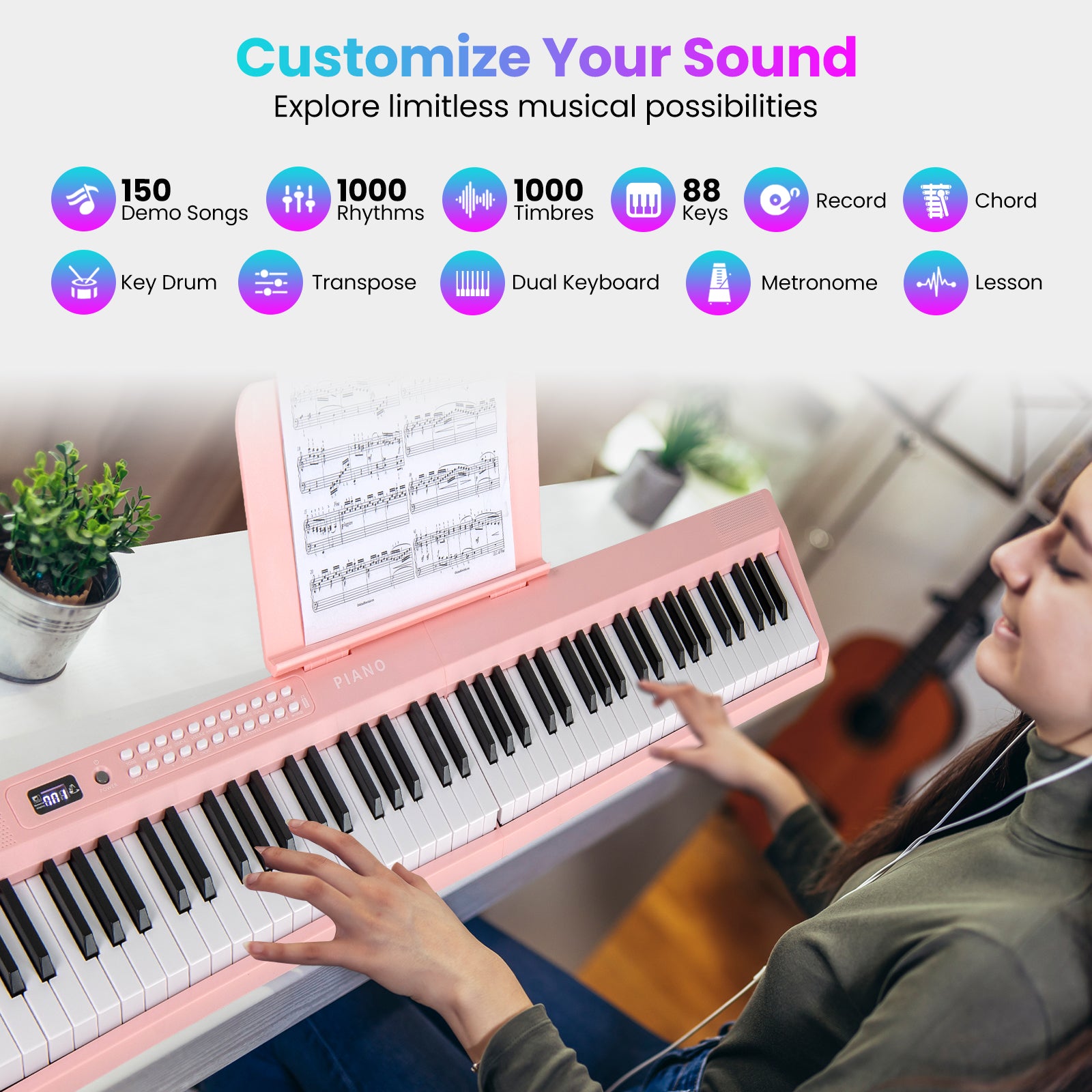 88 Key Foldable Electric Keyboard Piano, Wireless MIDI, Dual Speakers, Pink Pianos & Keyboards at Gallery Canada