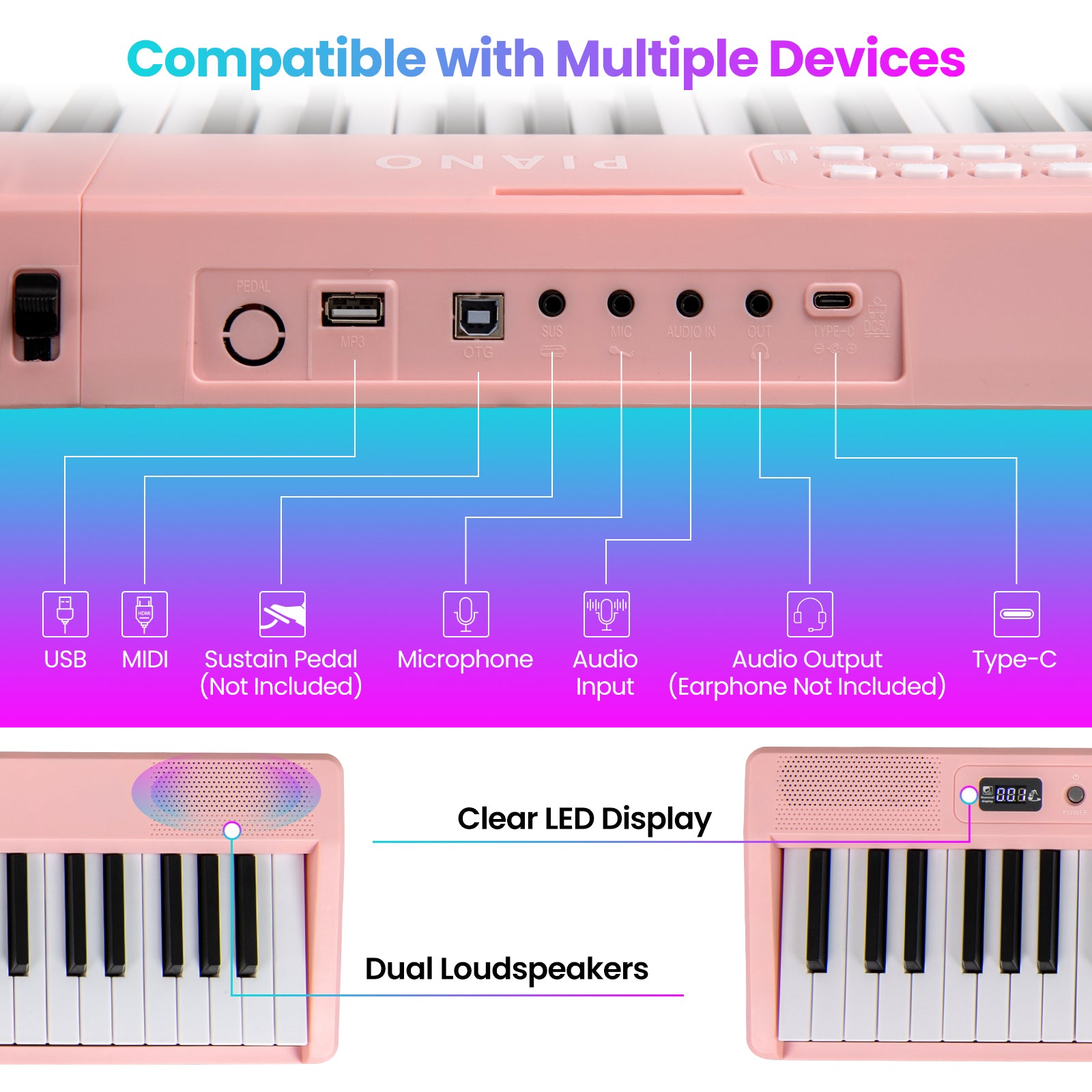 88 Key Foldable Electric Keyboard Piano, Wireless MIDI, Dual Speakers, Pink Pianos & Keyboards at Gallery Canada