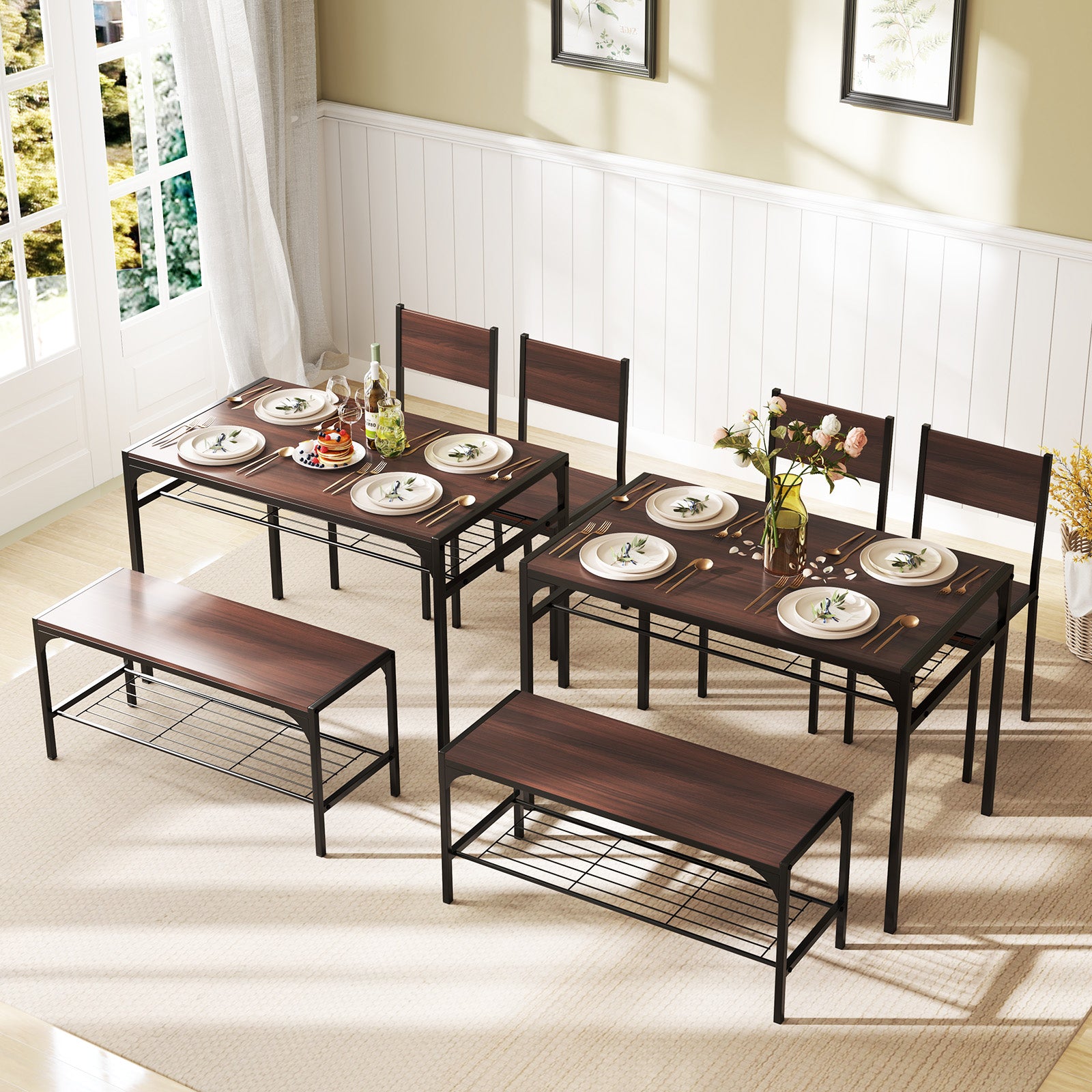 Industrial Rectangular Kitchen Table With Bench And Chairs, Walnut Dining Room Sets at Gallery Canada