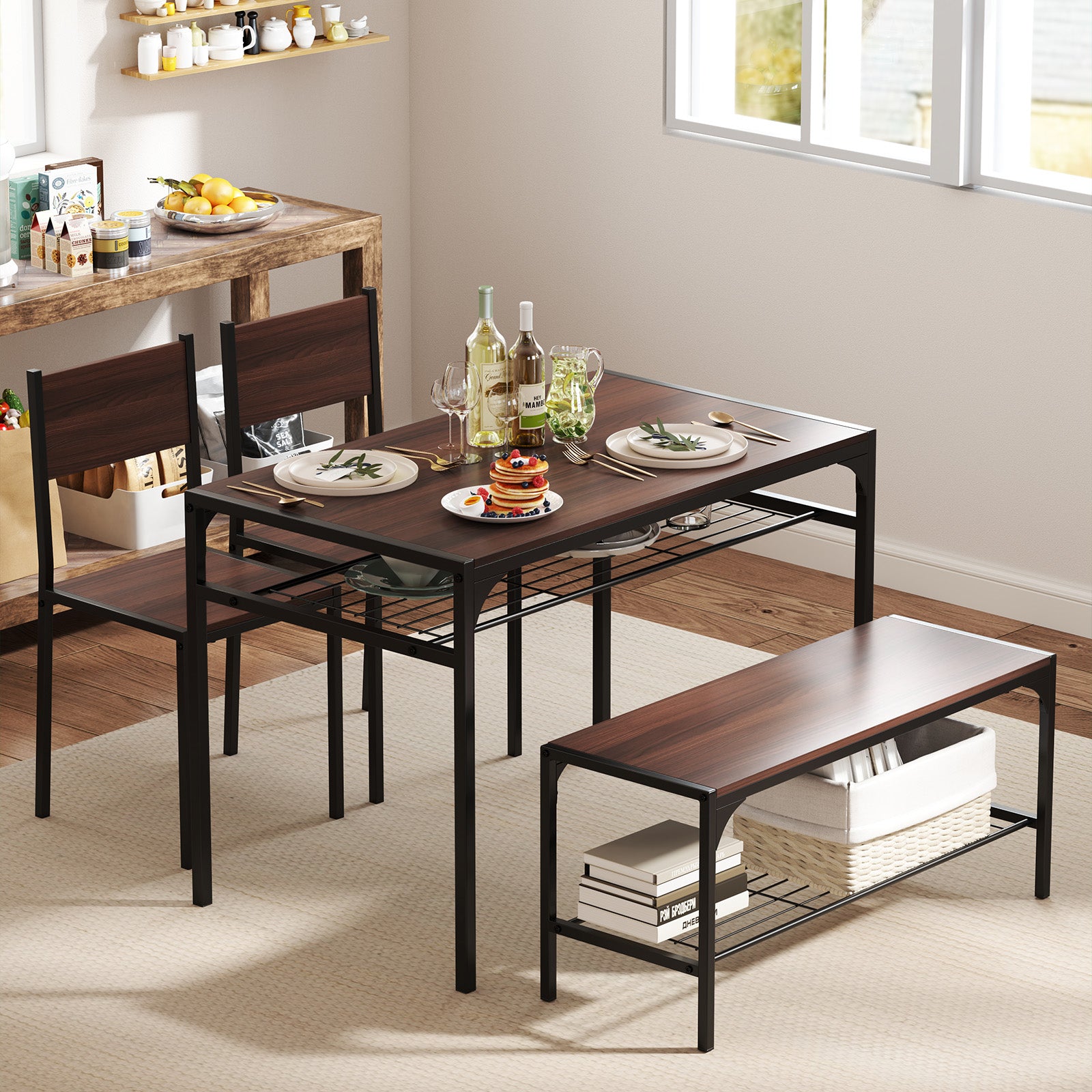 Industrial Rectangular Kitchen Table With Bench And Chairs, Walnut Dining Room Sets at Gallery Canada