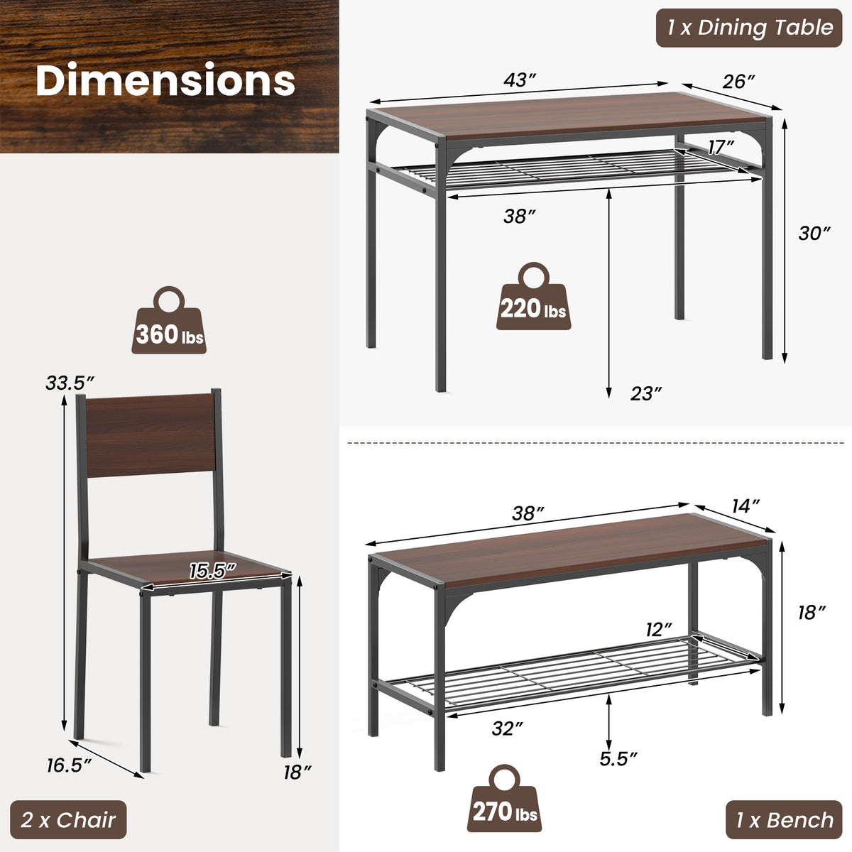 Industrial Rectangular Kitchen Table With Bench And Chairs, Walnut Dining Room Sets at Gallery Canada