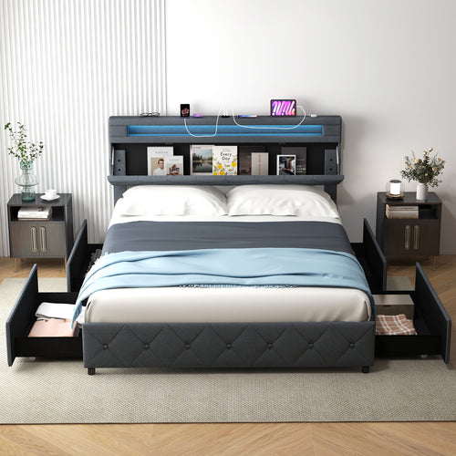Queen Size Bed Frame, Adjustable Storage Headboard, Wooden Slat Support