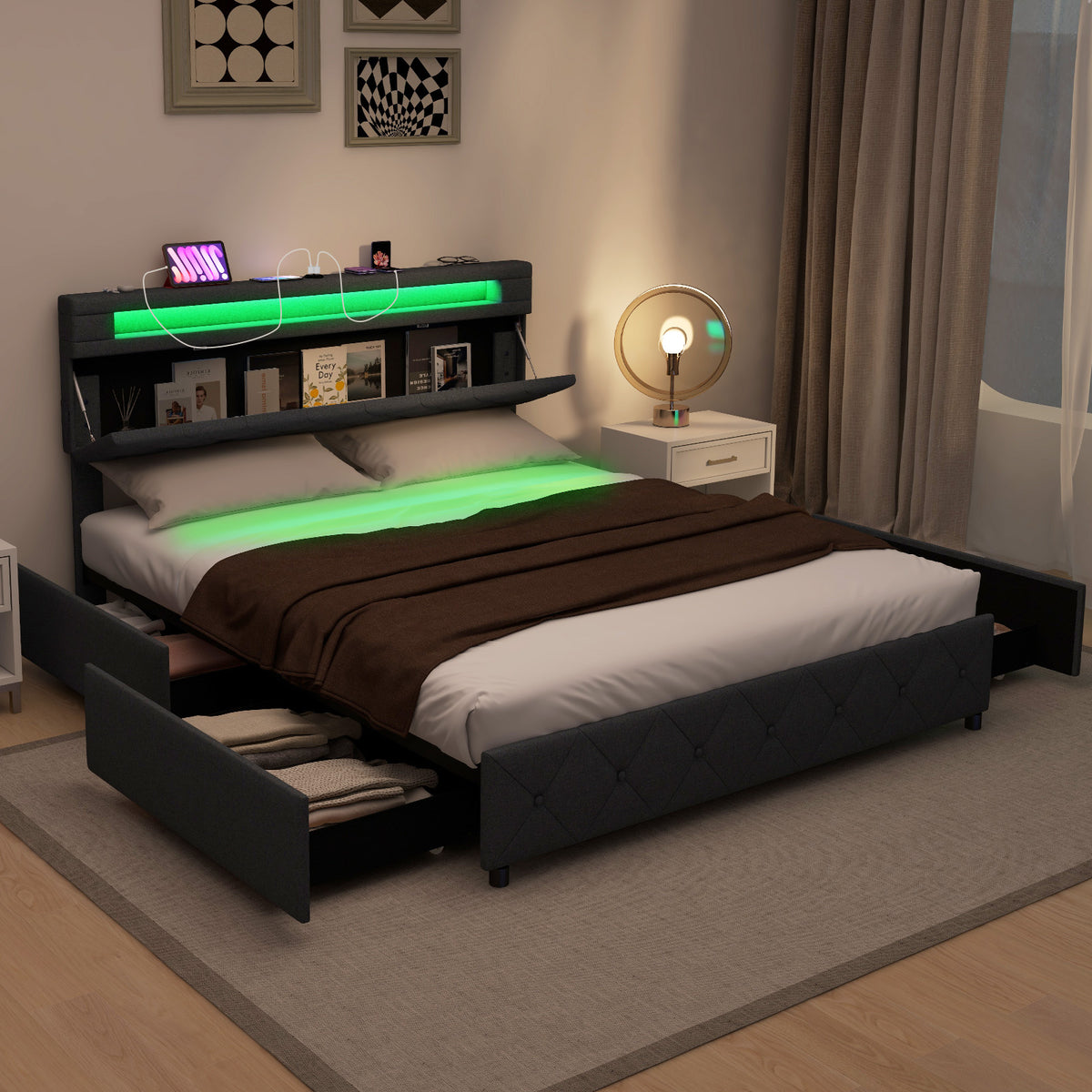 Queen Size Bed Frame, Adjustable Storage Headboard, Wooden Slat Support Simple Bed Frame at Gallery Canada