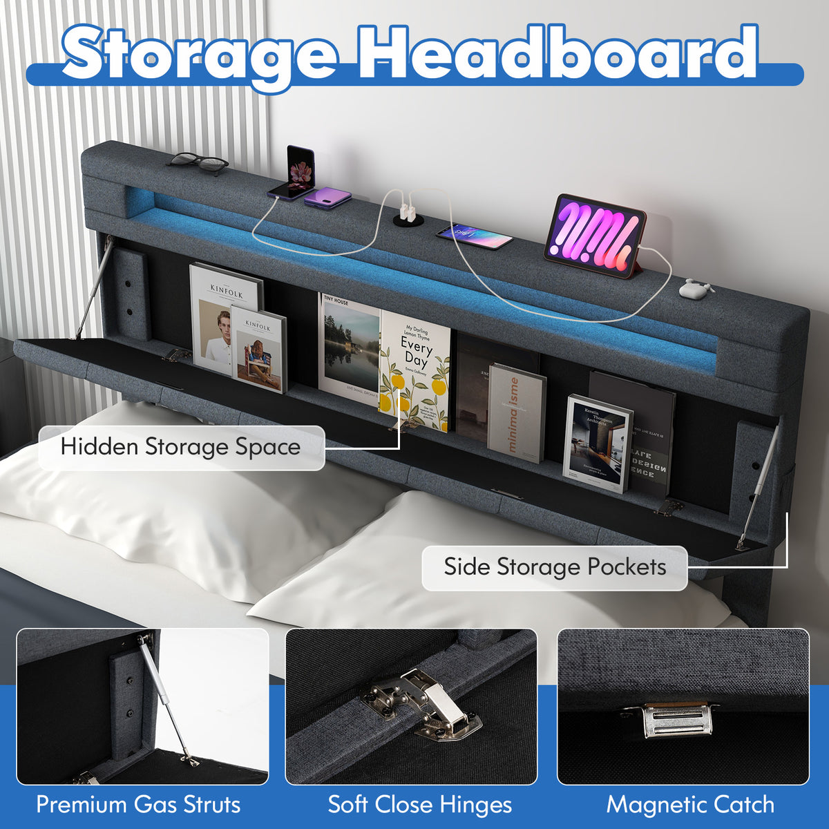 Queen Size Bed Frame, Adjustable Storage Headboard, Wooden Slat Support Simple Bed Frame at Gallery Canada