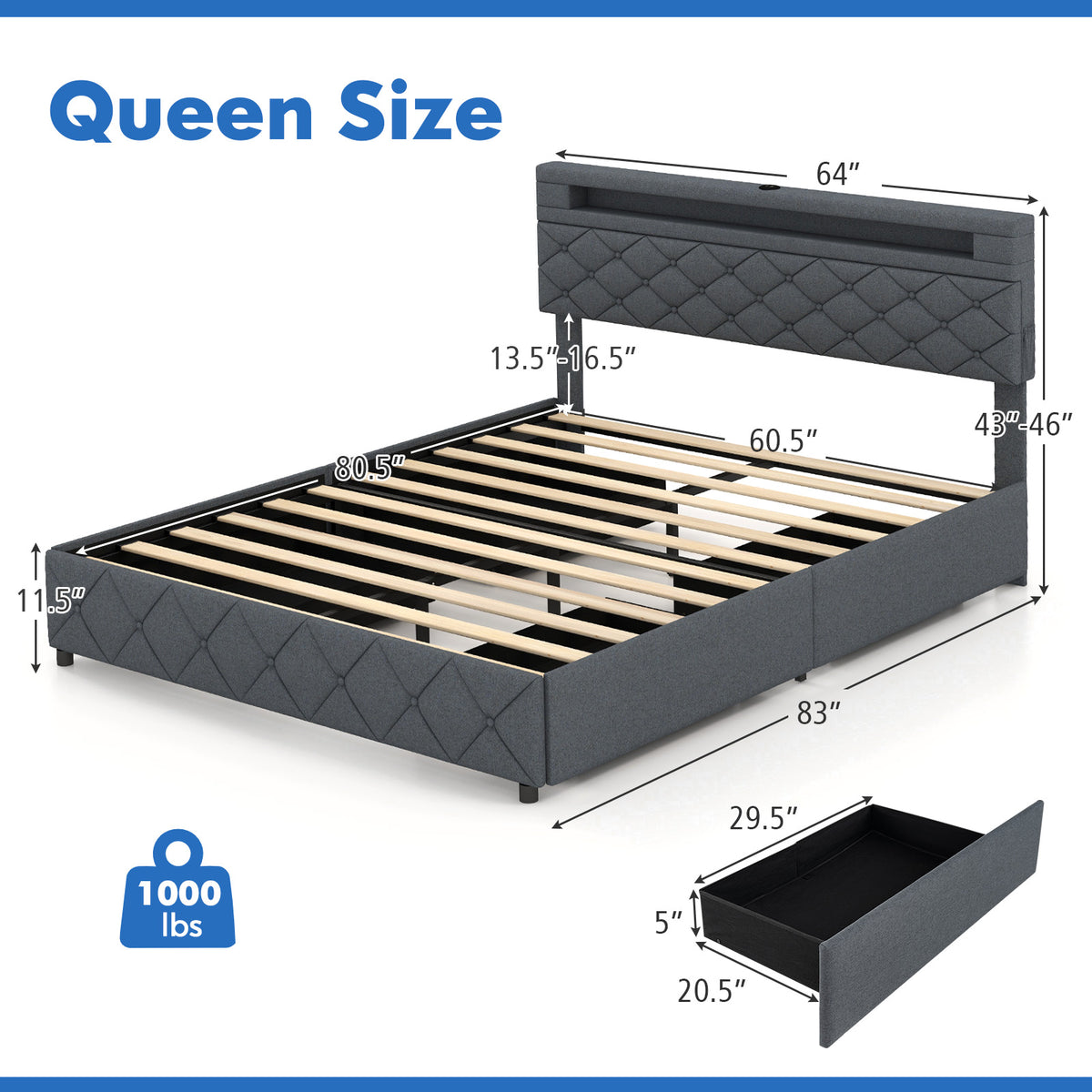 Queen Size Bed Frame, Adjustable Storage Headboard, Wooden Slat Support Simple Bed Frame at Gallery Canada