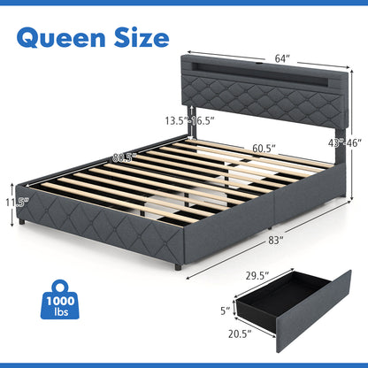 Queen Size Bed Frame, Adjustable Storage Headboard, Wooden Slat Support Simple Bed Frame at Gallery Canada