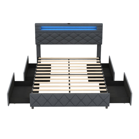 Full/Queen Bed Frame, Adjustable Storage Headboard, Wooden Slat Support, Gray Simple Bed Frame Gray at Gallery Canada