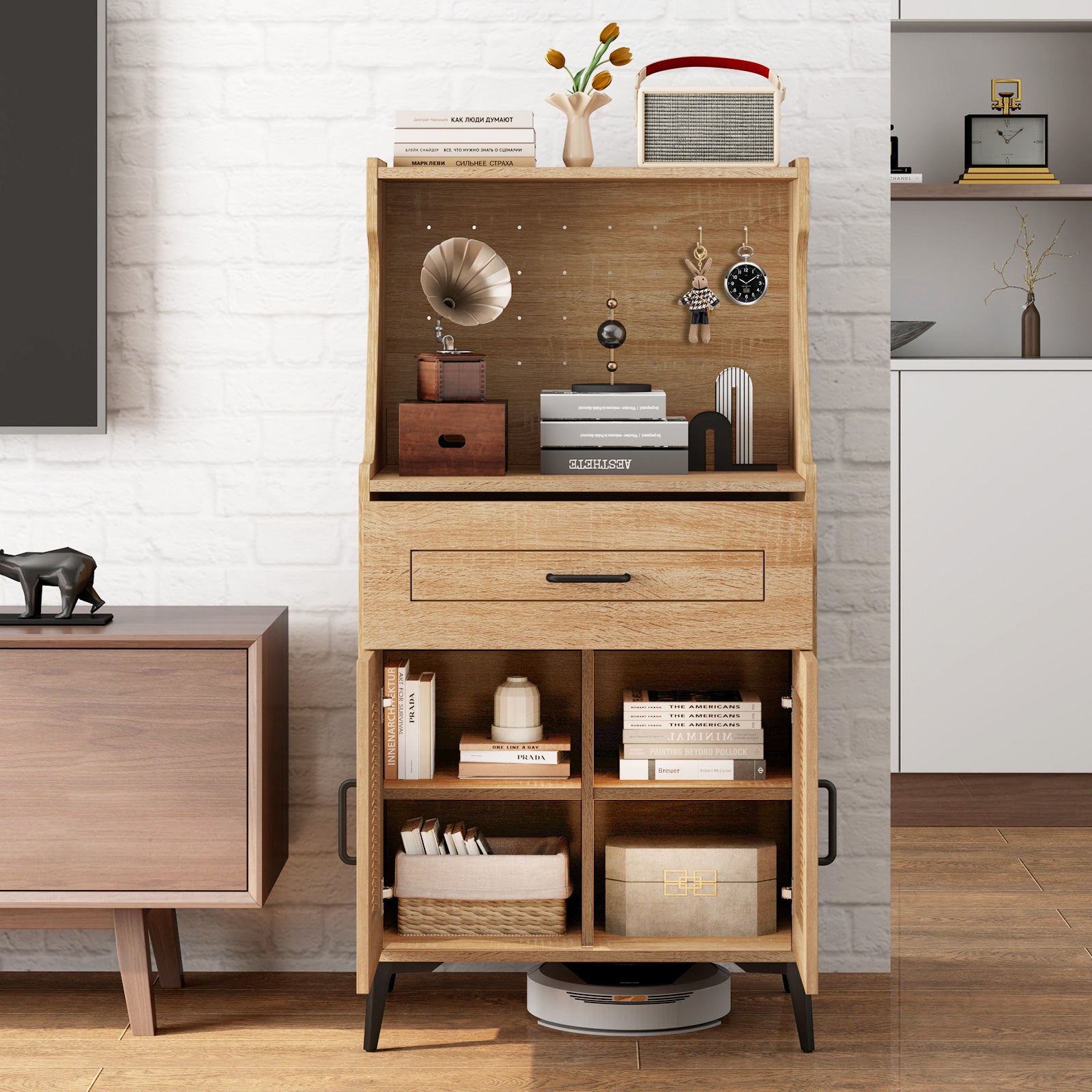 Coffee Bar Cabinet With Pegboard, Storage Drawer, Adjustable Shelf, Oak Sideboards Cabinets & Buffets at Gallery Canada