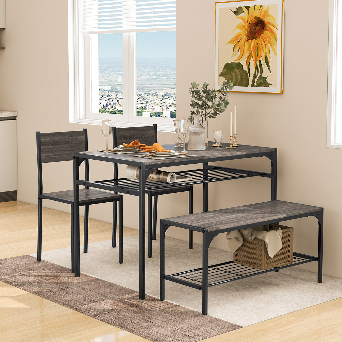 Industrial Rectangular Kitchen Table With Bench And Chairs, Gray Dining Room Sets at Gallery Canada