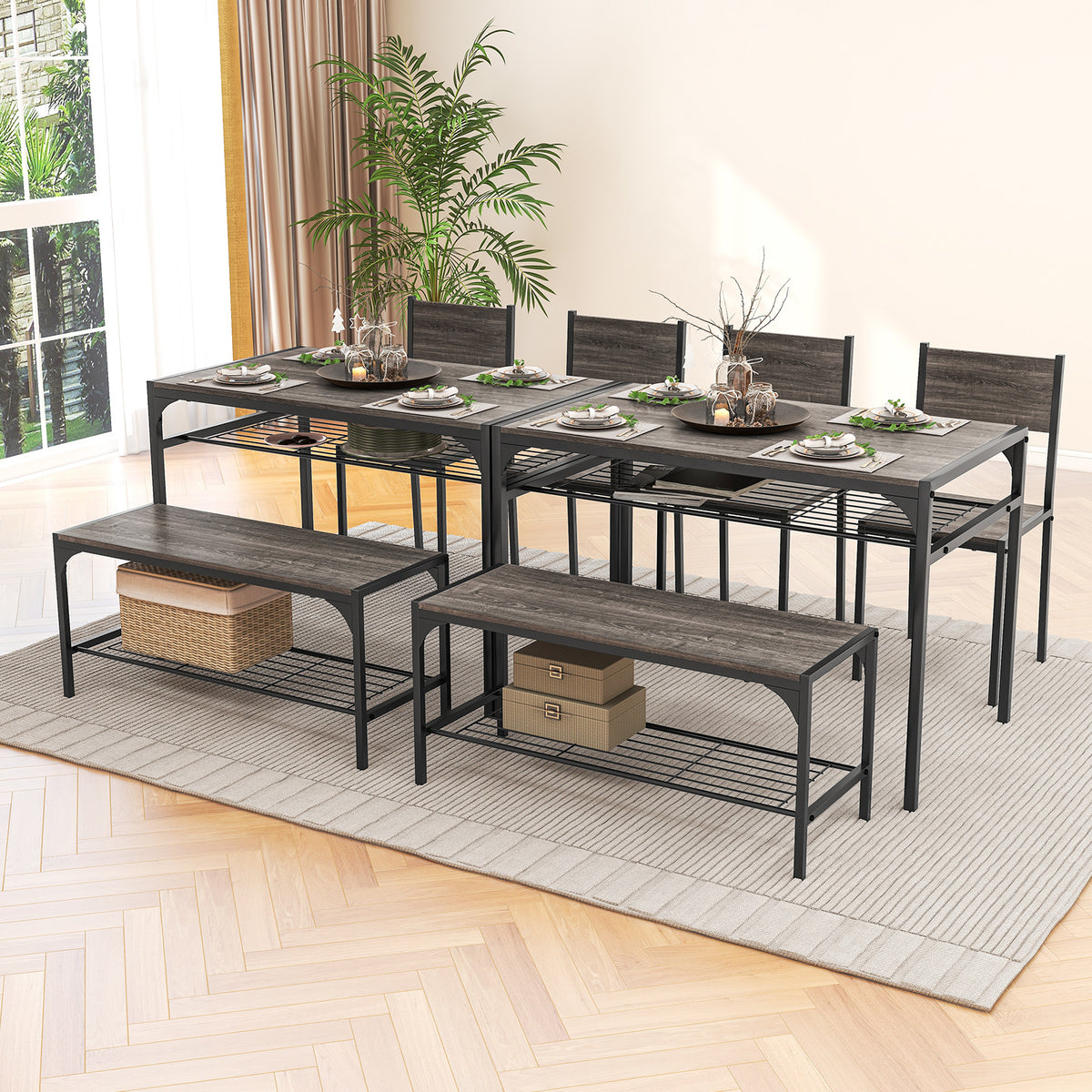 Industrial Rectangular Kitchen Table With Bench And Chairs, Gray Dining Room Sets at Gallery Canada