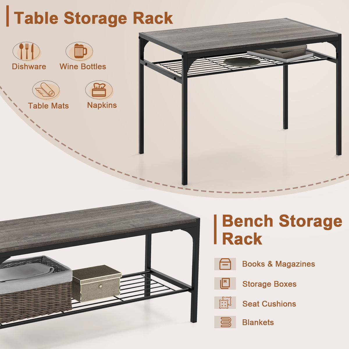 Industrial Rectangular Kitchen Table With Bench And Chairs, Gray Dining Room Sets at Gallery Canada