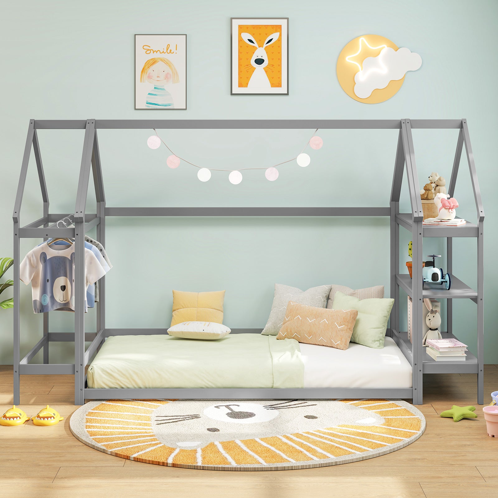 Twin Size Montessori Floor Bed With Storage Shelves, Grey Toddler Beds at Gallery Canada