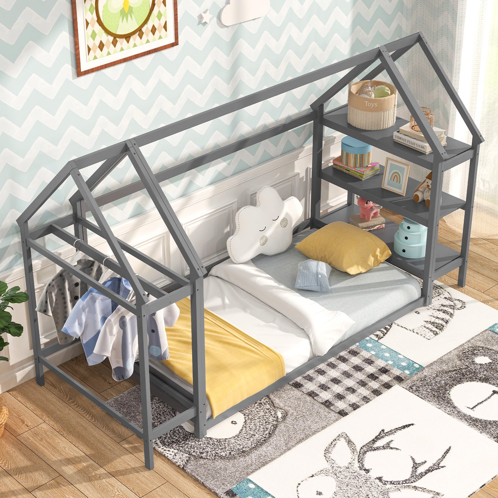 Twin Size Montessori Floor Bed With Storage Shelves, Grey Toddler Beds at Gallery Canada