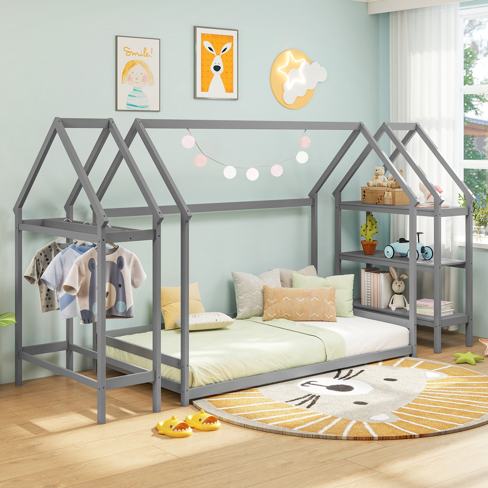 Twin Size Montessori Floor Bed With Storage Shelves, Grey Toddler Beds at Gallery Canada