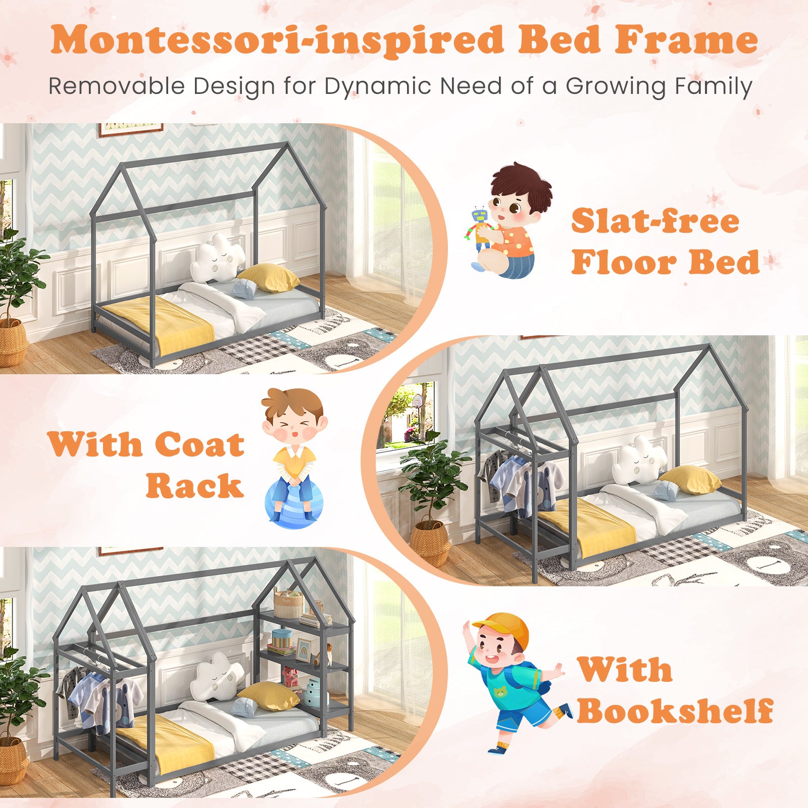 Twin Size Montessori Floor Bed With Storage Shelves, Grey Toddler Beds at Gallery Canada