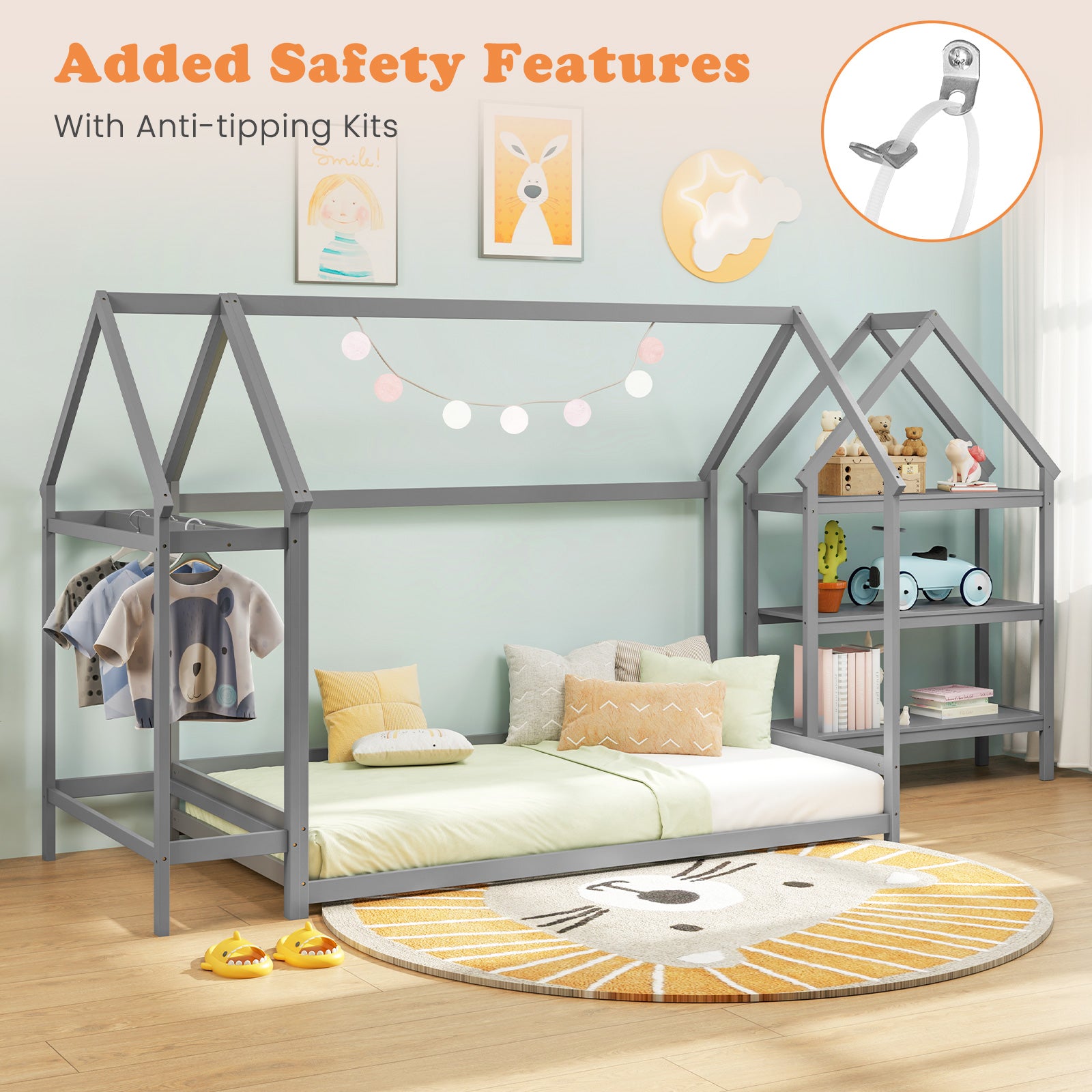 Twin Size Montessori Floor Bed With Storage Shelves, Grey Toddler Beds at Gallery Canada