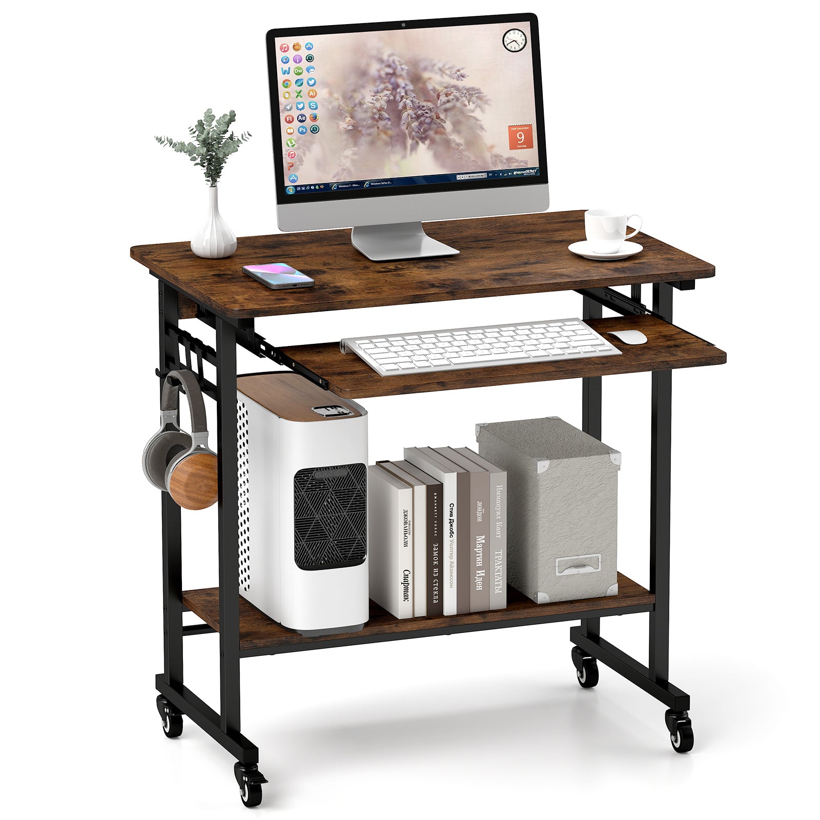Rolling Laptop Table With Pull-Out Keyboard Tray, Rustic Brown Laptop Tables & Printer Stands at Gallery Canada