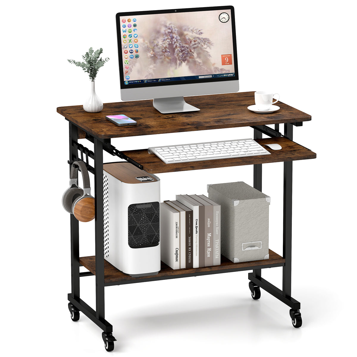 Rolling Laptop Table With Pull-Out Keyboard Tray, Rustic Brown Laptop Tables & Printer Stands at Gallery Canada