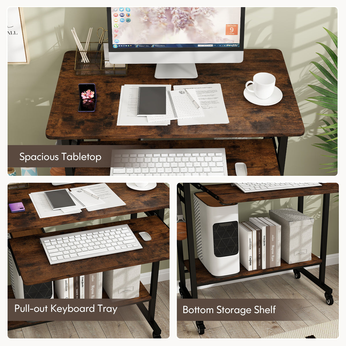 Rolling Laptop Table With Pull-Out Keyboard Tray, Rustic Brown Laptop Tables & Printer Stands at Gallery Canada