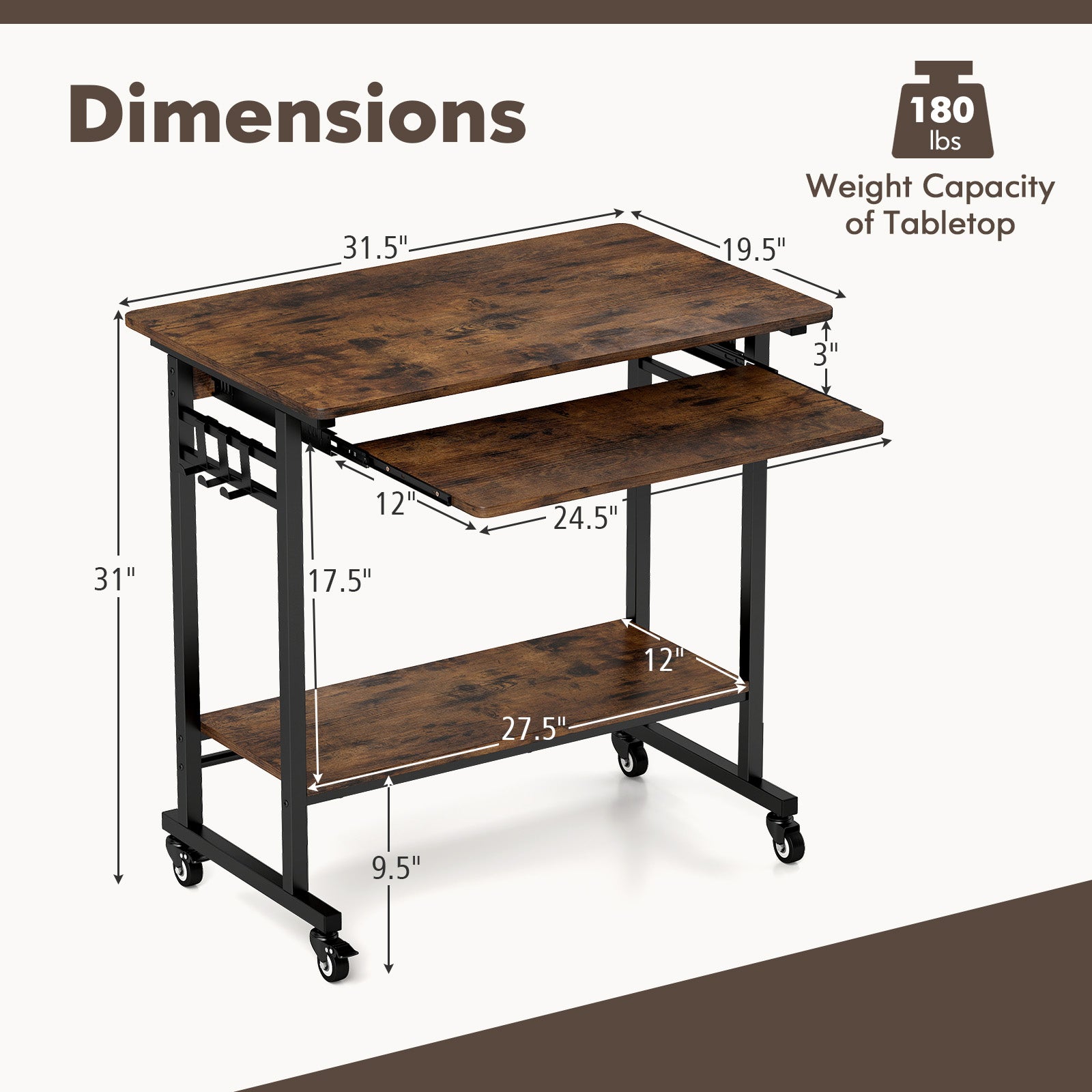 Rolling Laptop Table With Pull-Out Keyboard Tray, Rustic Brown Laptop Tables & Printer Stands at Gallery Canada