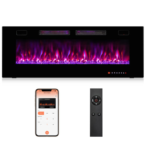 50 Inch Ultra-Thin Electric Fireplace, Decorative Crystals, Black