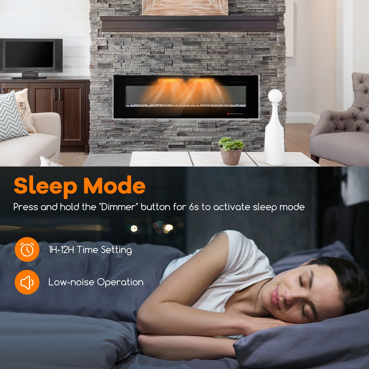 60 Inch Ultra-Thin Electric Fireplace, Decorative Crystals, Black Fireplaces at Gallery Canada