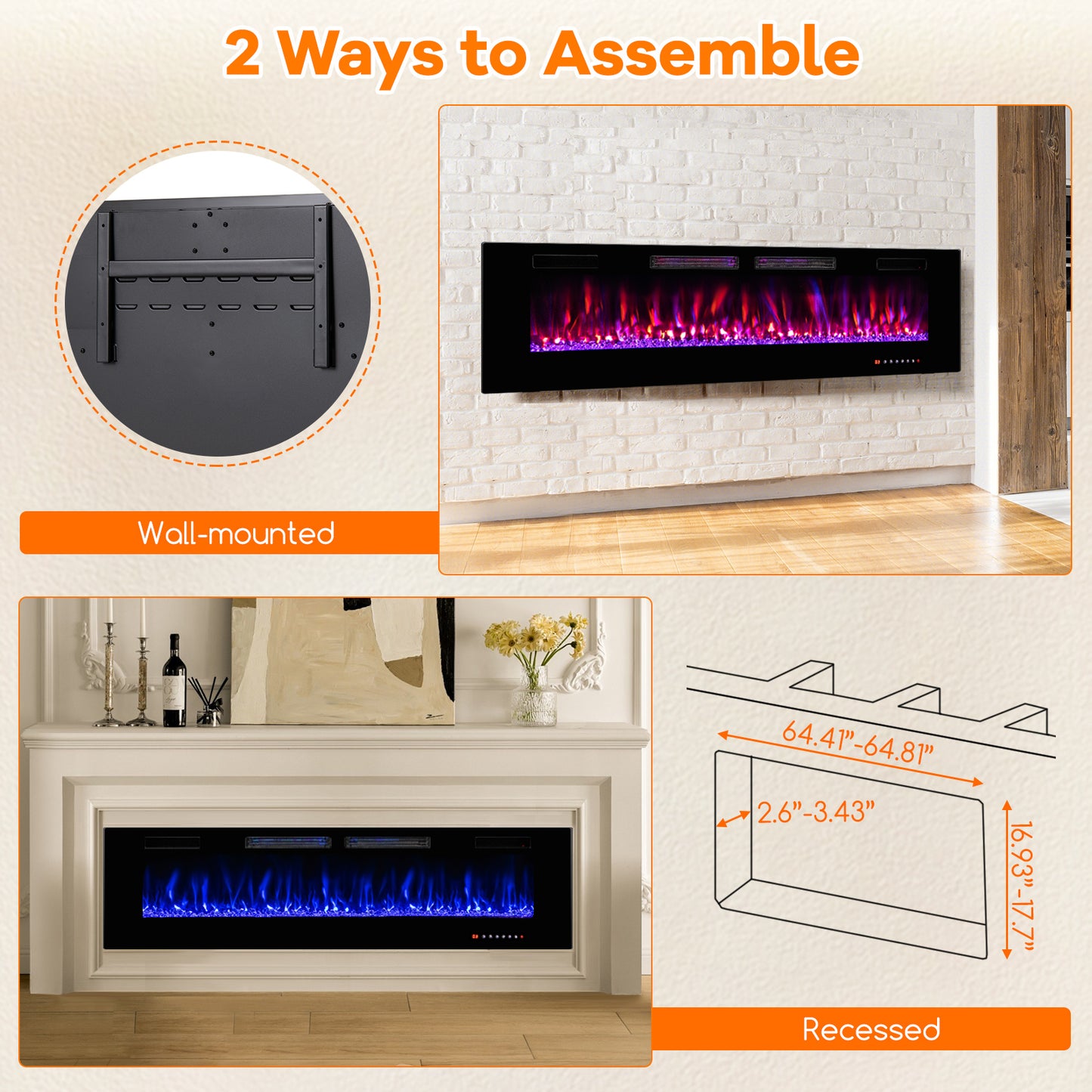 72 Inch Ultra-Thin Electric Fireplace With Decorative Crystals, Black Fireplaces at Gallery Canada