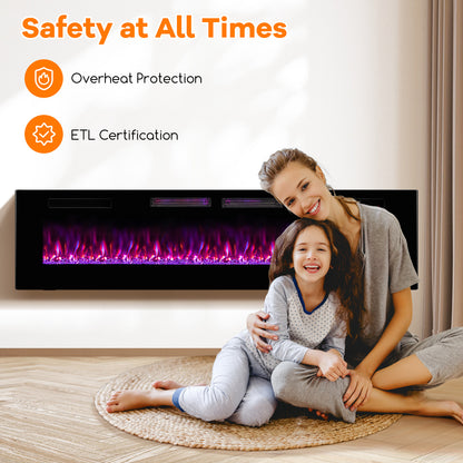 72 Inch Ultra-Thin Electric Fireplace With Decorative Crystals, Black Fireplaces at Gallery Canada