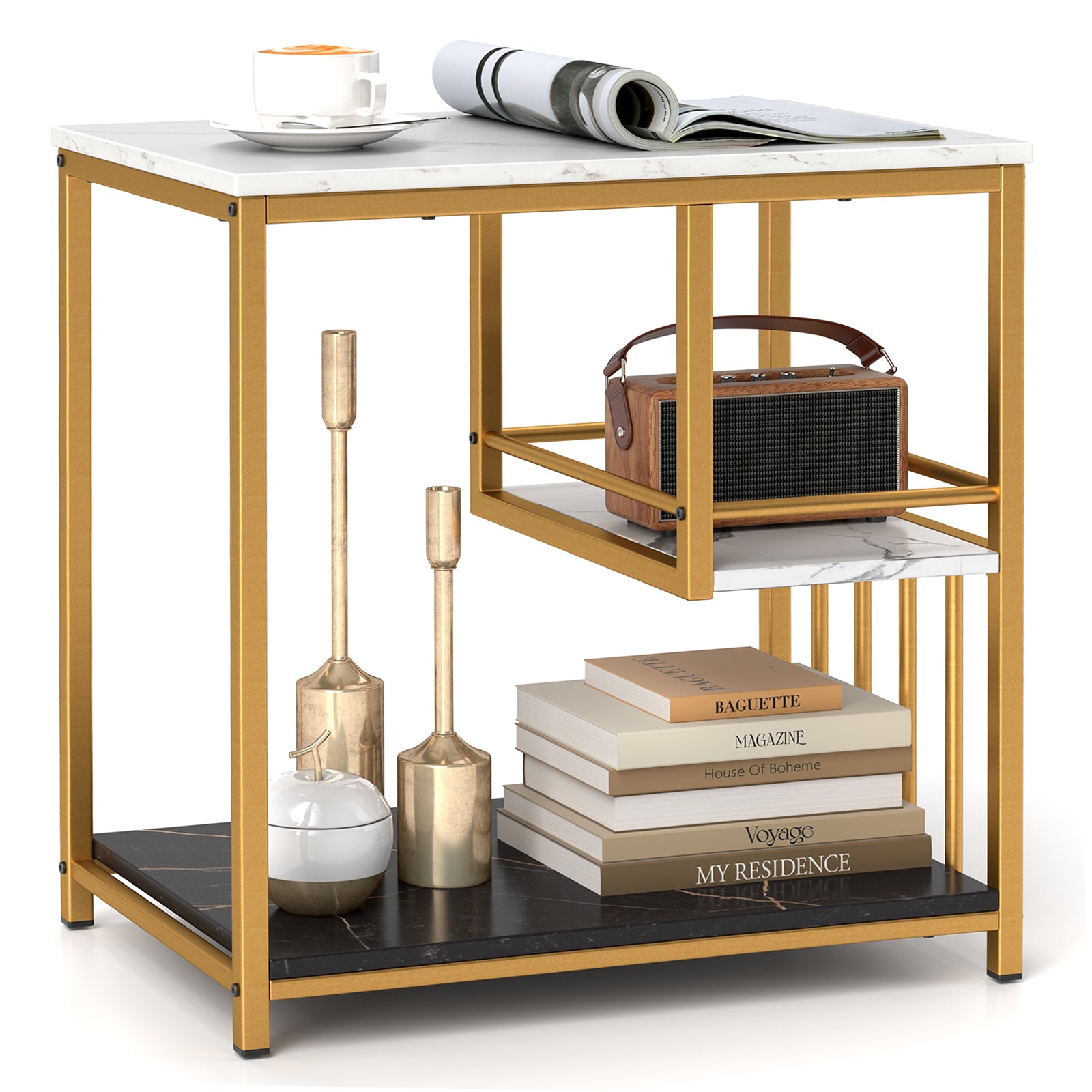 3-Tier Marble End Table, Storage Shelf, Golden End & Side Tables at Gallery Canada