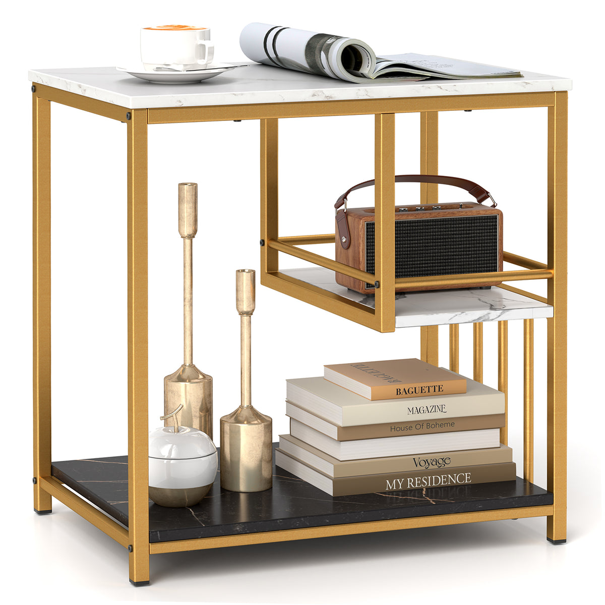 3-Tier Marble End Table, Storage Shelf, Golden End & Side Tables at Gallery Canada