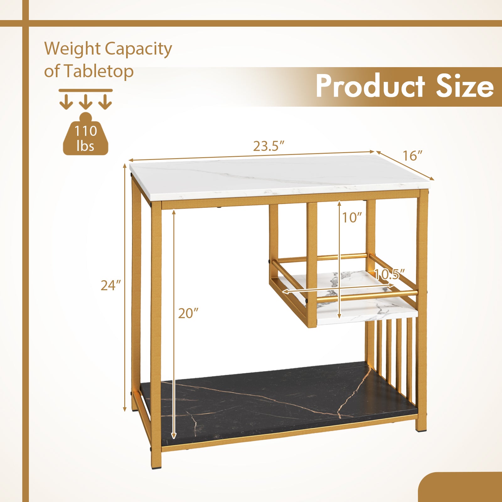 3-Tier Marble End Table, Storage Shelf, Golden End & Side Tables at Gallery Canada