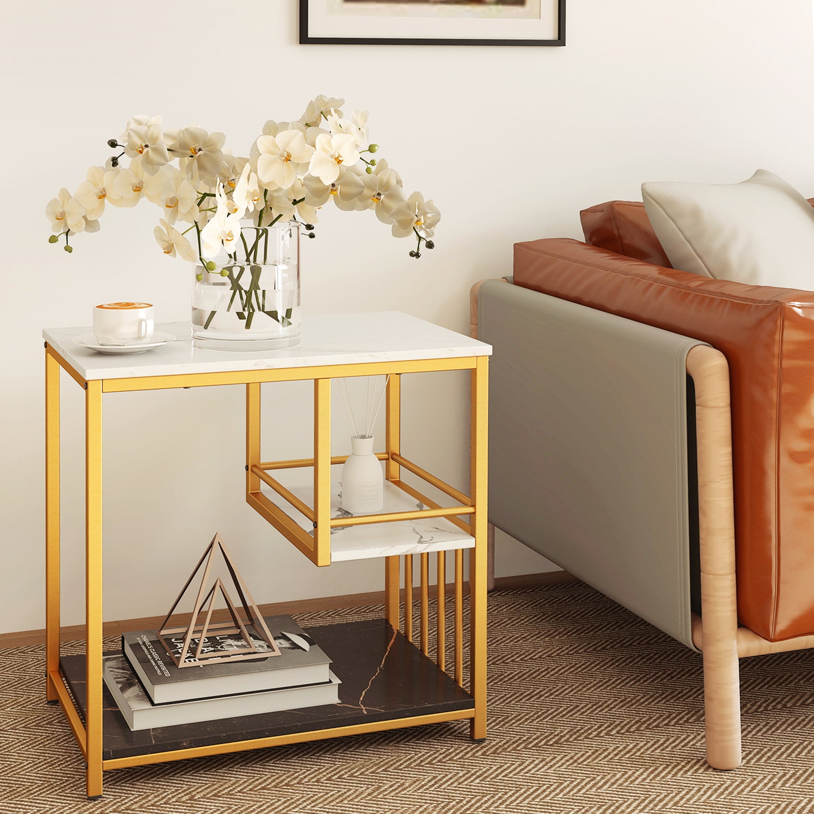 3-Tier Marble End Table, Storage Shelf, Golden End & Side Tables at Gallery Canada
