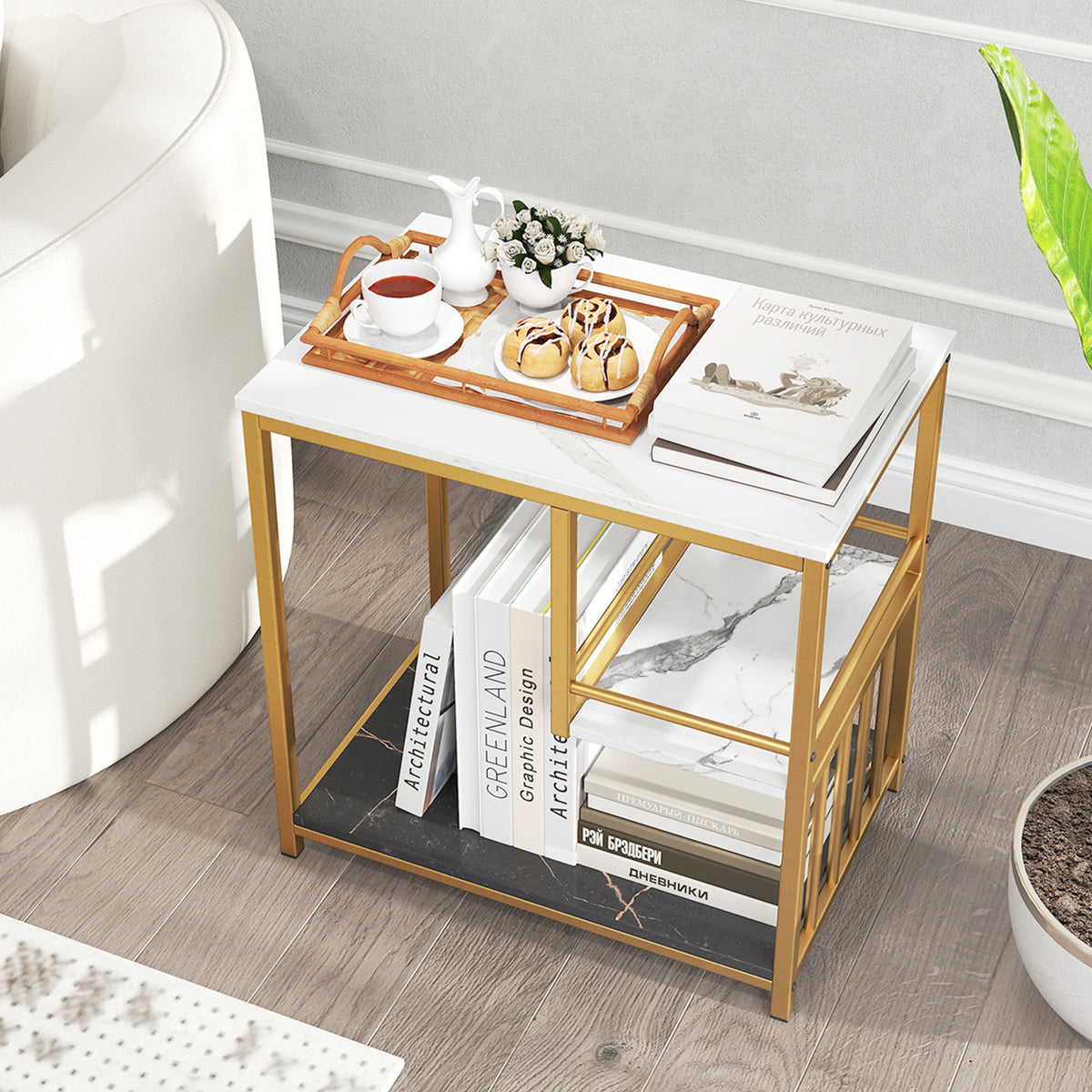 3-Tier Marble End Table, Storage Shelf, Golden End & Side Tables at Gallery Canada