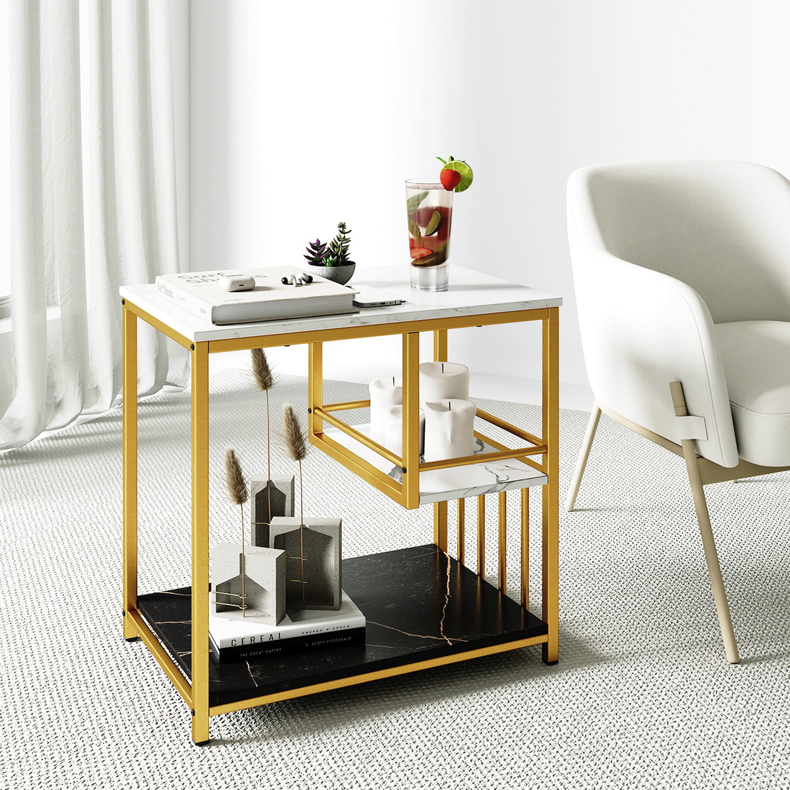 3-Tier Marble End Table, Storage Shelf, Golden End & Side Tables at Gallery Canada