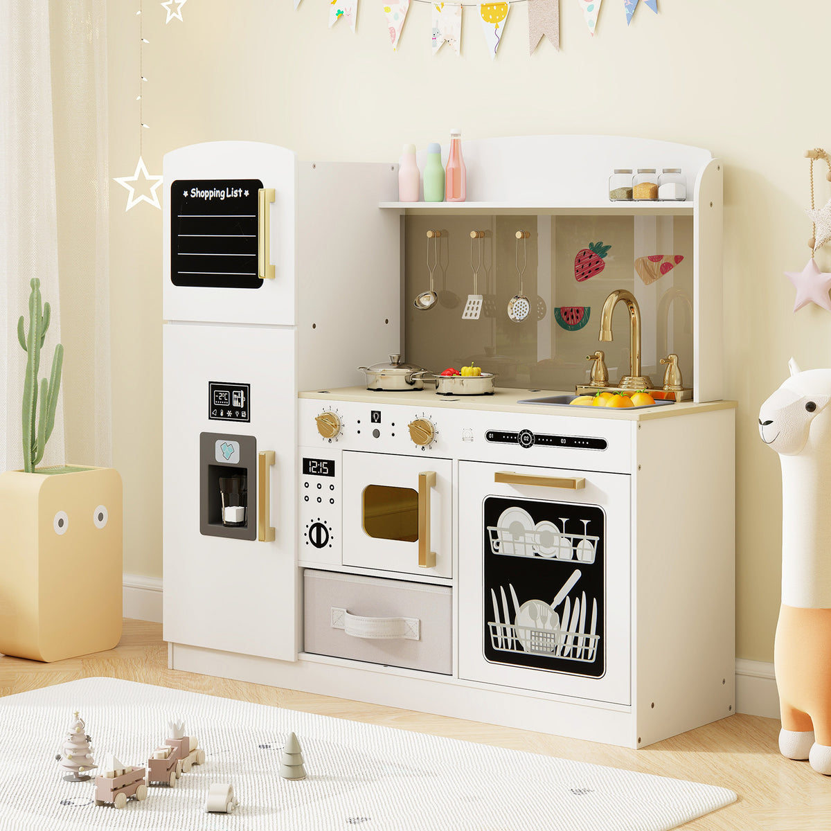 Wooden Kids Kitchen Playset With Chalkboard, Ice Maker, White Play Kitchen Sets at Gallery Canada