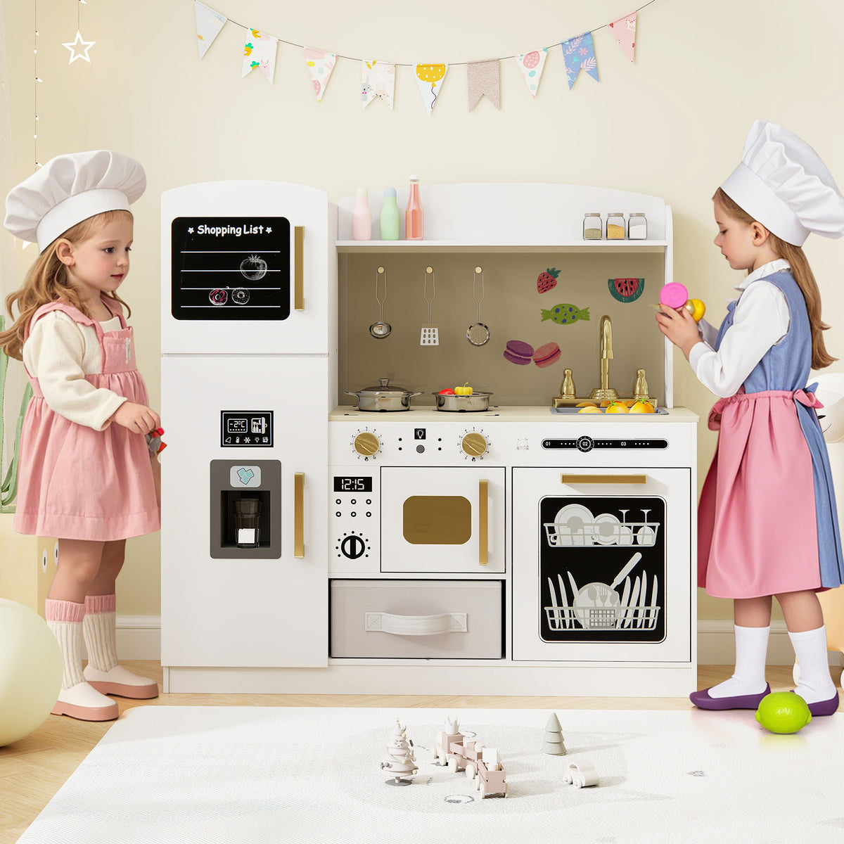 Wooden Kids Kitchen Playset With Chalkboard, Ice Maker, White Play Kitchen Sets at Gallery Canada