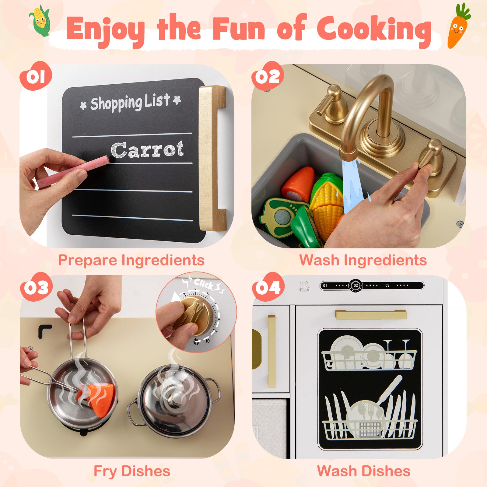 Wooden Kids Kitchen Playset With Chalkboard, Ice Maker, White Play Kitchen Sets at Gallery Canada