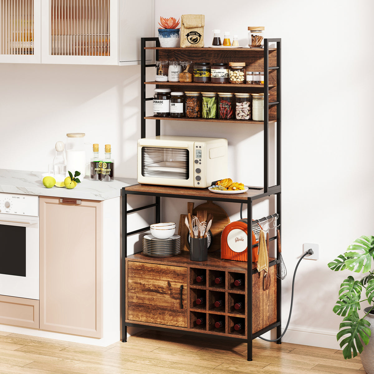 Coffee Bar Cabinet, S-Shaped Hooks, Wine Bottle Holders, Rustic Brown Wine Racks at Gallery Canada