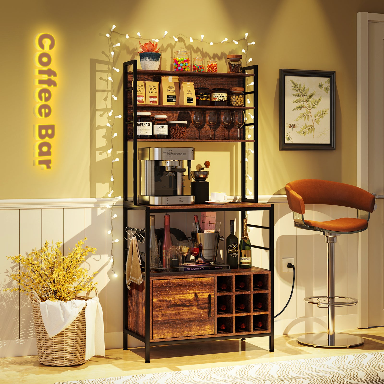 Coffee Bar Cabinet, S-Shaped Hooks, Wine Bottle Holders, Rustic Brown Wine Racks at Gallery Canada