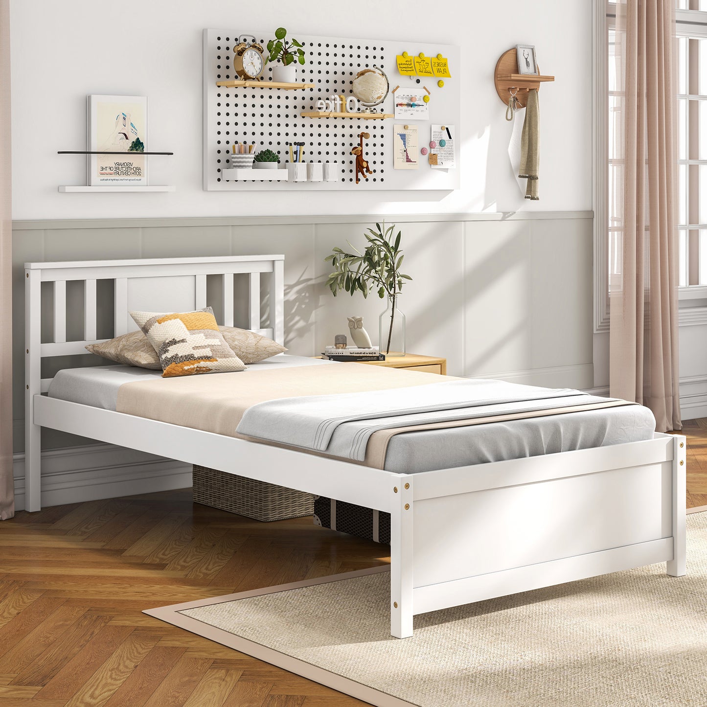 Wooden Platform Bed With Headboard, Wood Slat Support, Twin Size, White Simple Bed Frame at Gallery Canada