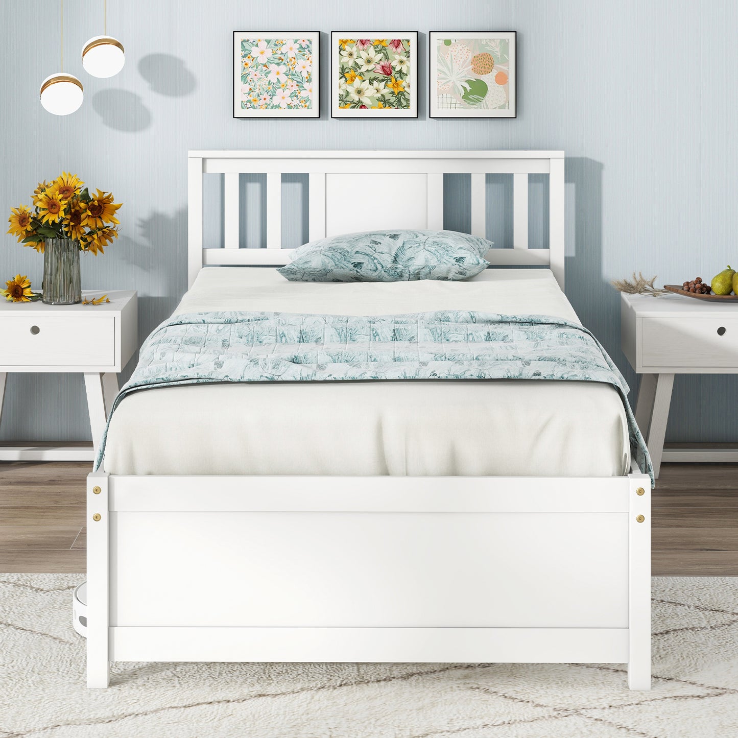 Wooden Platform Bed With Headboard, Wood Slat Support, Twin Size, White Simple Bed Frame at Gallery Canada