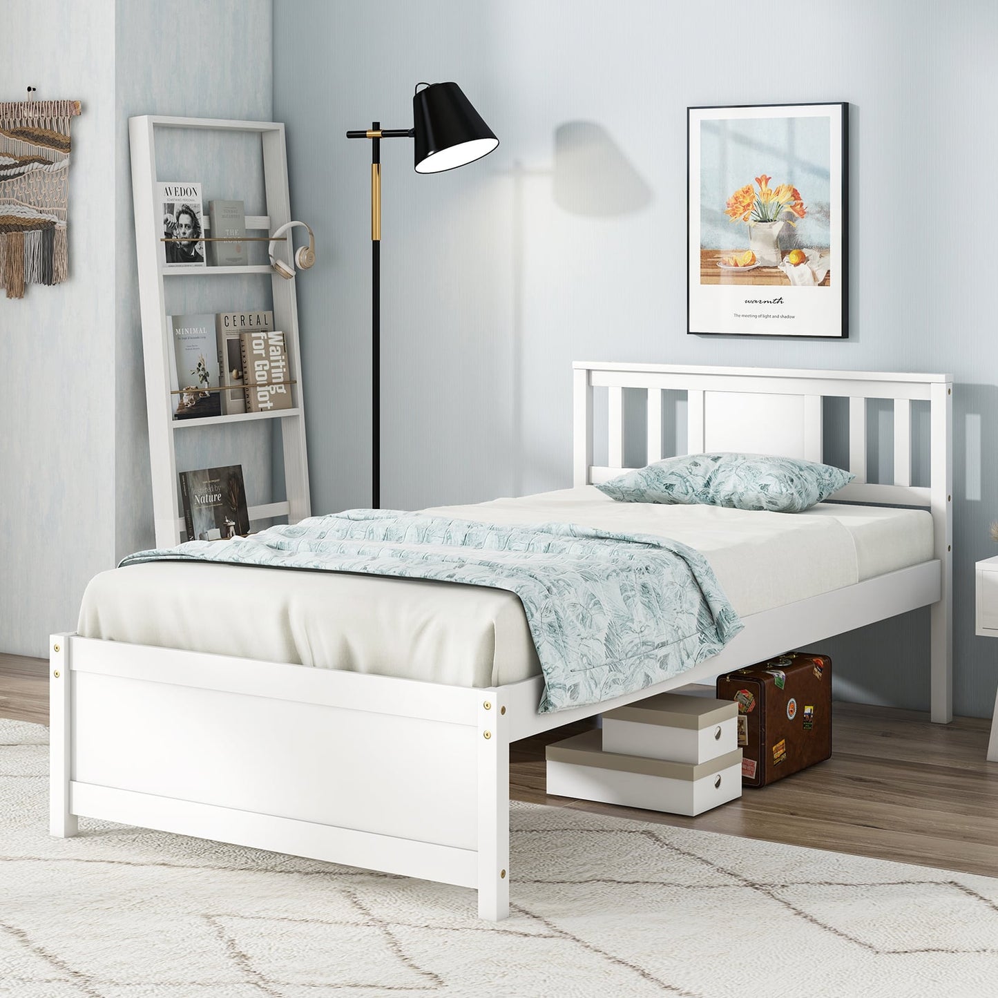 Wooden Platform Bed With Headboard, Wood Slat Support, Twin Size, White Simple Bed Frame at Gallery Canada
