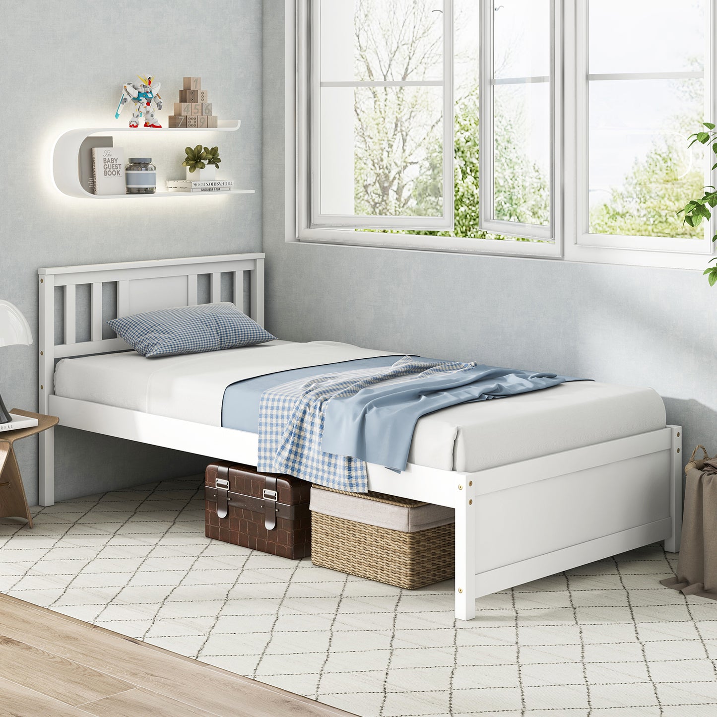 Wooden Platform Bed With Headboard, Wood Slat Support, Twin Size, White Simple Bed Frame at Gallery Canada