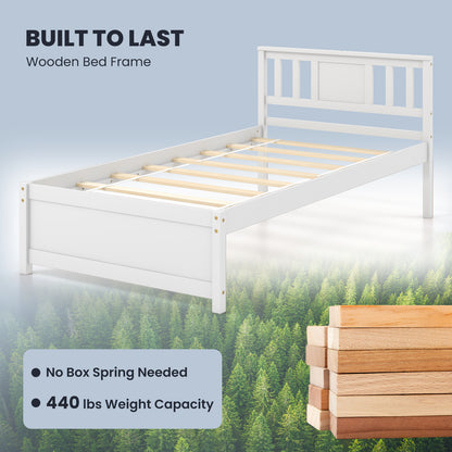 Wooden Platform Bed With Headboard, Wood Slat Support, Twin Size, White Simple Bed Frame at Gallery Canada